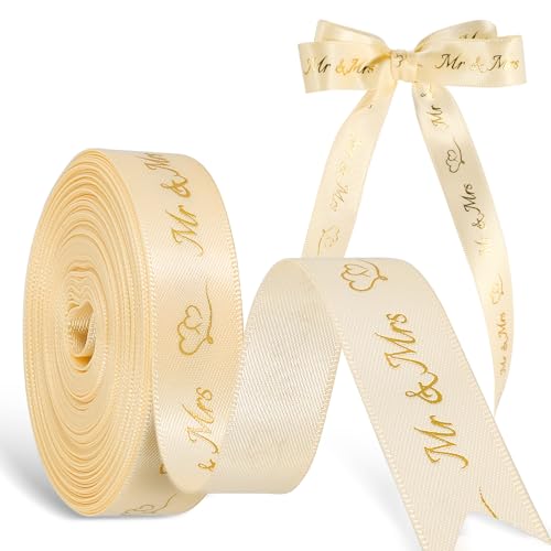 Schleifenband Hochzeit 10 m x 15 mm – Mr and Mrs Band für Hochzeitsgeschenke, Hochzeitsalbum und Brautstrauß – Goldene Dekobänder Hochzeit mit Herz (Gold) von Okoss