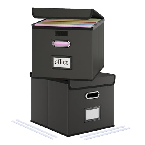 Okydoky 2pcs Ablageboxen mit Deckel,Upgrade A4 Hängemappenbox aus Ledermaterial in stilvoller Lederptik,Faltbar, grau,Geeignet für Haus und Büro, und Datei Ablageboxen,hängeregister box(Black-2p) von Okydoky