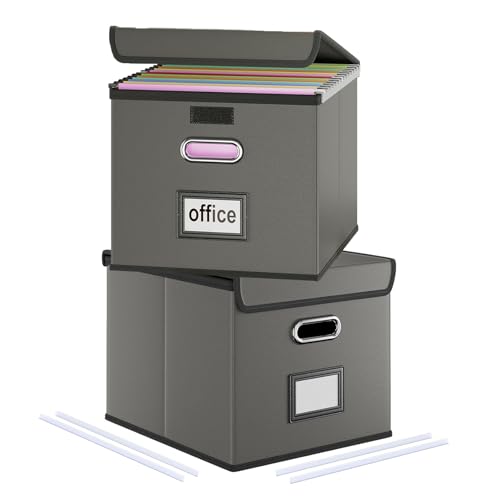 Okydoky 2pcs Ablageboxen mit Deckel,Upgrade A4 Hängemappenbox aus Ledermaterial in stilvoller Lederptik,Faltbar, grau,Geeignet für Haus und Büro, und Datei Ablageboxen,hängeregister box(Gray-2P) von Okydoky