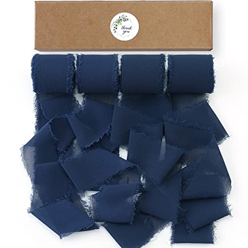 Olalaka 22Yd 4 Rollen marineblaue handgefertigte Fransen-Chiffon-Seidenbänder, 3,8 cm x 6 m, blaues Chiffonband-Set für Hochzeitseinladungen, Geschenkverpackungen, Blumensträuße, Brautsträuße von Olalaka