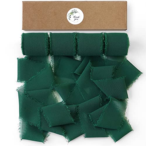 Olalaka 22Yd 4 Rollen smaragdgrüne handgefertigte Fransen Chiffon Seidenbänder, 3,8 cm x 6 m, smaragdgrüne Chiffonbänder, Set für Hochzeitseinladungen, Geschenkverpackungen, Blumensträuße, von Olalaka