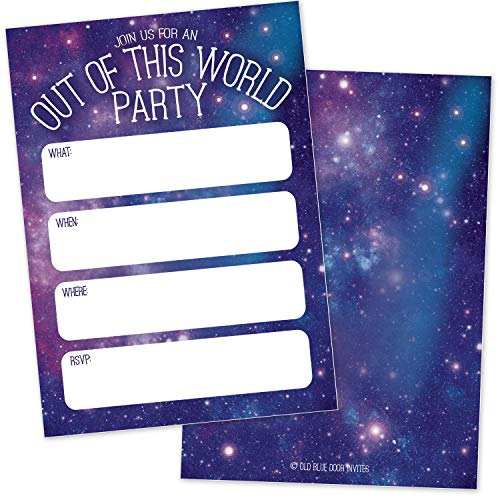 Galaxy Starry Night Geburtstagsparty-Einladungen (20 Stück mit Umschlägen) – Weltraum-Party-Einladungen – Out of This World Universum Stars Fill in the Blank Ankündigungen für Kinder und Erwachsene von Old Blue Door Invites
