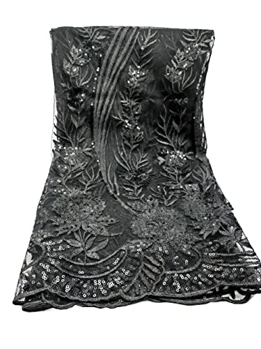 Old DIrd Afrikanischer Spitzenstoff, 4,5 m, französischer Spitzenstoff, bestickt und Pailletten-Spitzenstoff für Hochzeit, Schwarz 1 von Old DIrd