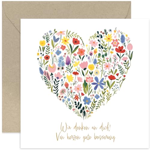 Gute Besserung Karte „Wir denken an Dich“ – Genesungskarte Gesundheit Gute Besserung Wünsche – Herzform mit Blumen – süß und bunt – für Frauen, Schwester, Freundin, Kollegin – mit Umschlag Gute Besserung Karte „Wir denken an Dich“ – Genesungskarte Gesundheit Gute Besserung Wünsche – Herzform mit Blumen – süß und bunt – für Frauen, Schwester, Freundin, Kollegin – mit Umschlag von Old English Company