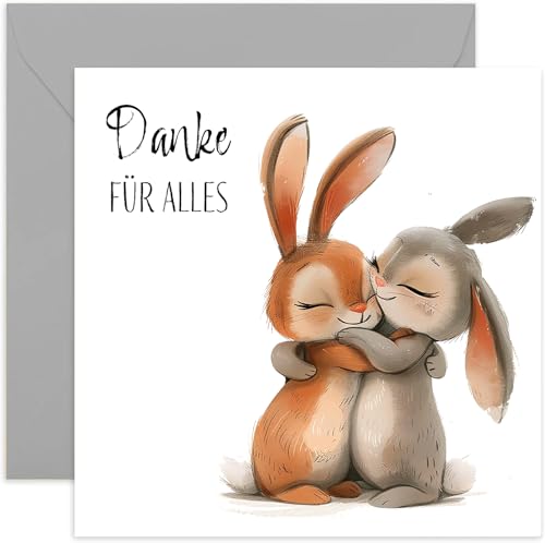 Herzliche Dankeskarte mit Umschlag - Danke für alles! Süße Dankeskarte Stilvolle Dankeskarte für Freunde Familie Partner Kollegen - Für Männer und Frauen - Premium Grußkarten - Süße Häschen von Old English Company