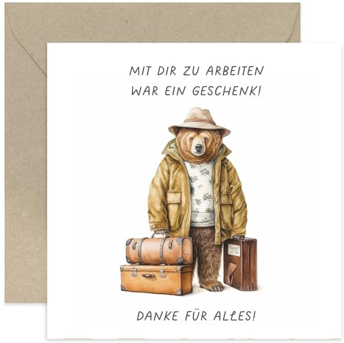 Niedliche Abschiedsgrußkarte für Kollegen – Bär mit Koffern – „Mit dir zu arbeiten.“ War ein Geschenk! Danke für alles!' - Für Männer und Frauen - Innen unbeschriftet - Mit Umschlag von Old English Company
