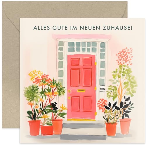 Old English Company Einweihungskarte mit Umschlag - Einweihungskarte Alles Gute im neuen Zuhause Umzugskarte Karte im Aquarellstil - Rote Haustür mit Blumen - Für Männer und Frauen von Old English Company