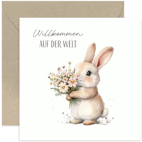 Old English Company Geburtskarte mit Umschlag - Glückwunschkarte zur Geburt Willkommen auf der Welt Häschen mit Blumen - Süße Glückwunschkarte für Mama und Papa - Für Großeltern von Old English Company