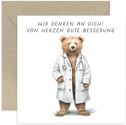 Old English Company Gute Besserung Karte „Wir denken an Dich“ – Genesungskarte Gesundheit Gute Besserung Wünsche – Süße Grußkarte mit Bär – mit Umschlag von Old English Company
