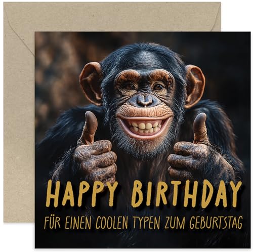 Old English Company Premium Geburtstagskarte mit Umschlag. Glückwunschkarte, Grußkarte mit Spruch: Happy Birthday, Mann, Frau, cooler Schimpanse mit Sonnenbrille. Karte für Freunde, Familie, Kollegen von Old English Company