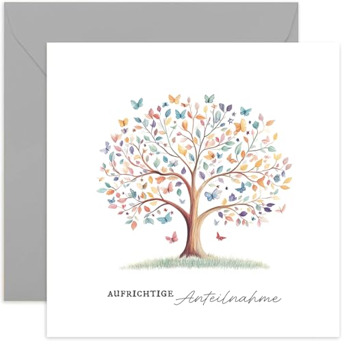 Premium quadratische Trauerkarte mit Umschlag. Kondolenzkarte, Karte in stiller Trauer, Anteilnahme, stille Anteilnahme, Abschied, herzliches Beileid, bunter Baum, Schmetterlinge - Mit Umschlag Premium quadratische Trauerkarte mit Umschlag. Kondolenzkarte, Karte in stiller Trauer, Anteilnahme, stille Anteilnahme, Abschied, herzliches Beileid, bunter Baum, Schmetterlinge - Mit Umschlag von Old English Company