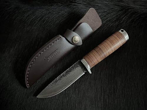 Oldpard Hochwertiges Messer mit fester Klinge und Lederscheideabdeckung | Damast-Muster aus Hartstahl | Grillen, Camping, Angeln, Überlebenswerkzeuge von Oldpard