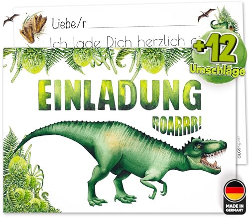 Olgs Dino T-Rex Kindergeburtstag Einladungskarten, 12er Set, Ausfüllbar, Dinoparty-Motto, inkl. Umschläge, für Jungs von Olgs