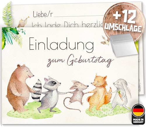 Olgs Tierfreunde Kindergeburtstag Einladungskarten, 12er Set zum Ausfüllen, inkl. Umschläge, für Mädchen & Jungen von Olgs