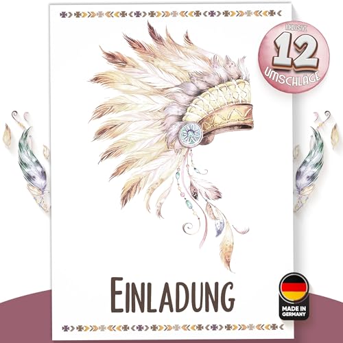 Olgs Indianer Kindergeburtstag Einladungskarten, 12er Set, Boho Cozy Motiv, Ausfüllbar, inkl. Umschläge von Olgs