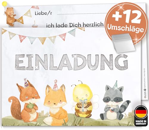 OGLS Einladungskarten Kindergeburtstag Tierfreunde mit Glitzer, 12er Set mit Umschlägen, Waldtiere wie Fuchs, Waschbär, Biene, zum Ausfüllen für Jungen & Mädchen von Olgs