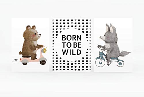 Olgs Babyzimmer Bilder 3er Set | Kinderzimmer Deko Poster DIN A4 | Wandbilder Spruch Born to be wild | Wandposter Mädchen Junge | Bär Wolf von Olgs