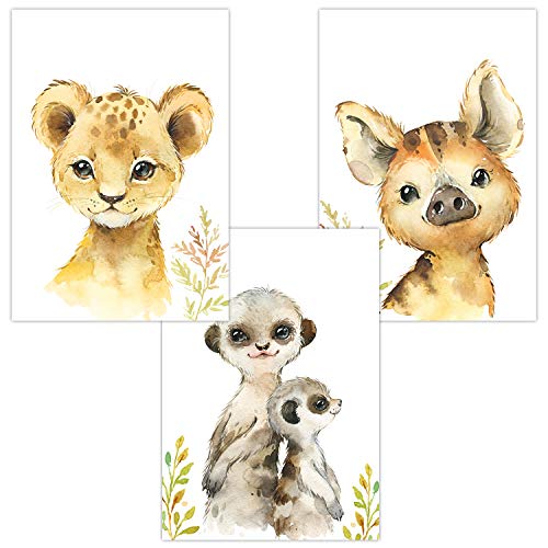 Olgs Kinderzimmer Bilder 3er Set | Poster Deko Wandbilder Safari Wandposter DIN A4 | Wanddeko für Babyzimmer | Babys Löwe Erdmännchen Wildschwein von Olgs