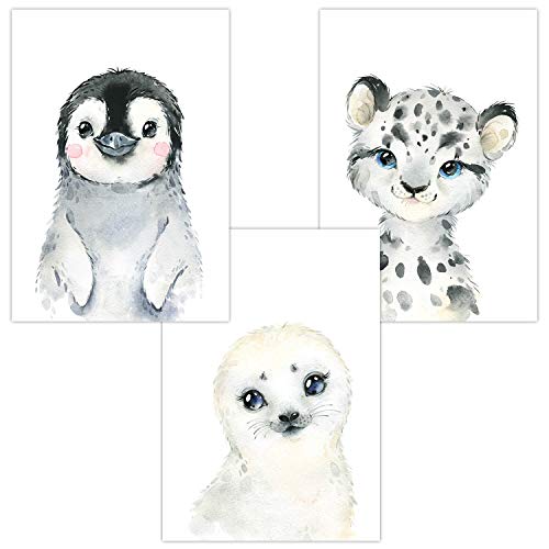 Olgs Kinderzimmer Poster Bilder 3er Set | Deko Wandbilder für Babyzimmer | Dekoration Polartiere Junge Mädchen | Polar Baby Pinguin Seehund Schneeleopard von Olgs
