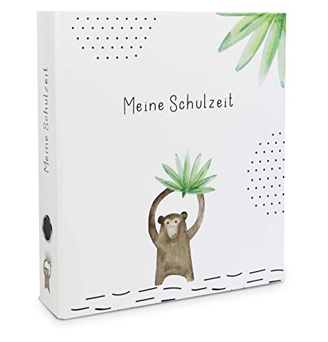 OLGS Sammelordner Meine Schulzeit | Schulordner Tiere | Erinnerungsordner Schule, Zeugnismappe, Praktikum | Ordner für Kinder, Ringordner, Aktenordner mit Griffloch DIN A4 Platz für 350 Blatt - Affe von Olgs