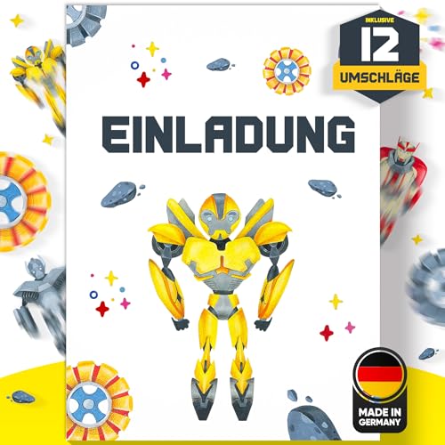 Olgs Einladungskarten Gelber Transformer 12er Set zum Kindergeburtstag, Ausfüllbar, Einladungen inkl. Umschläge von Olgs