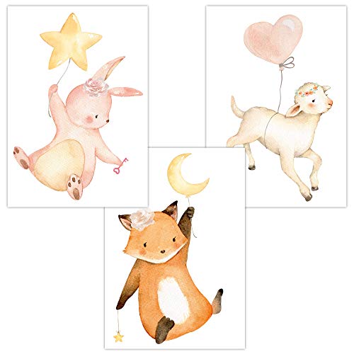 Olgs Babyzimmer Bilder 3er Set | Kinderzimmer Deko Poster DIN A4 | Wandbilder Premium | Tiere Wandposter Mädchen, Junge | Luftballons, Hase, Fuchs, Schaf fliegen Olgs Babyzimmer Bilder 3er Set | Kinderzimmer Deko Poster DIN A4 | Wandbilder Premium | Tiere Wandposter Mädchen, Junge | Luftballons, Hase, Fuchs, Schaf fliegen von Olgs