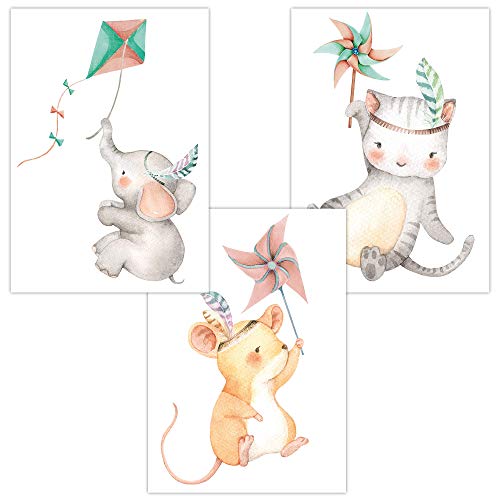 Olgs Babyzimmer Bilder 3er Set | Kinderzimmer Deko Poster DIN A4 | Wandbilder Premium | Tiere Wandposter Mädchen, Junge | Windfreunde Elefant Maus Katze von Olgs