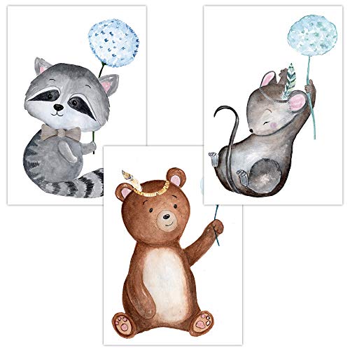 Olgs Babyzimmer Bilder 3er Set | Kinderzimmer Deko Poster DIN A4 | Wandbilder Pusteblume | Wandposter Mädchen | Tiere Waschbär, Bär, Maus von Olgs
