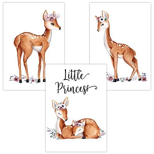 Olgs Babyzimmer Bilder 3er Set | Kinderzimmer Deko Poster DIN A4 | Wandbilder Tiere | Wandposter Mädchen | Little Princess Rehkitz/Reh von Olgs