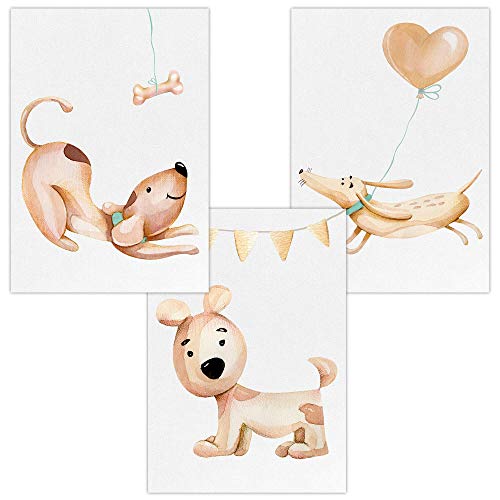 Olgs Kinderzimmer 3er Bilder Set | Deko Wandbilder | Mädchen Junge Wandposter DIN A4 | Wanddeko für Babyzimmer | Niedliche Hunde von Olgs