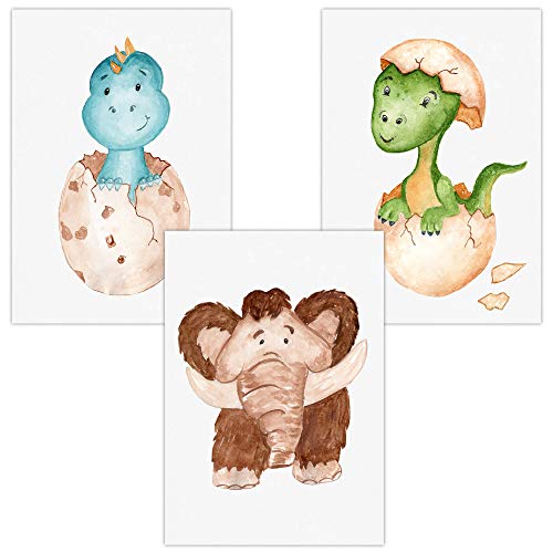 Olgs Kinderzimmer 3er Poster Bilder Set | Deko Wandbilder | Steinzeiten Bilder Wandposter DIN A4 | Dino Mammut Wanddeko für Babyzimmer von Olgs