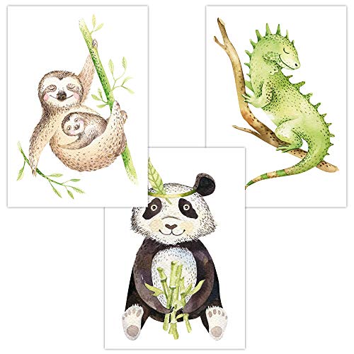 Olgs Kinderzimmer 3er Poster Bilder Set | Deko Wandbilder | Tropical Bilder Wandposter DIN A4 | Tiere Faultier, Panda, Chamäleon | Wanddeko für Babyzimmer von Olgs