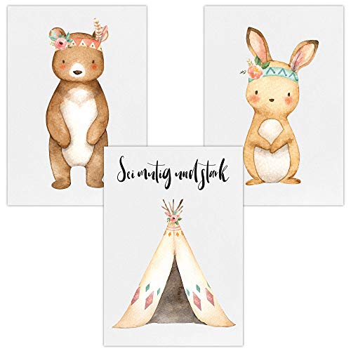 Olgs Kinderzimmer Bilder Poster 3er Set | Tiere Bilder Wandbilder Junge, Mädchen | Deko Wandposter für Babyzimmer DIN A4 | Sei mutig und stark Bär Tipi Hase von Olgs