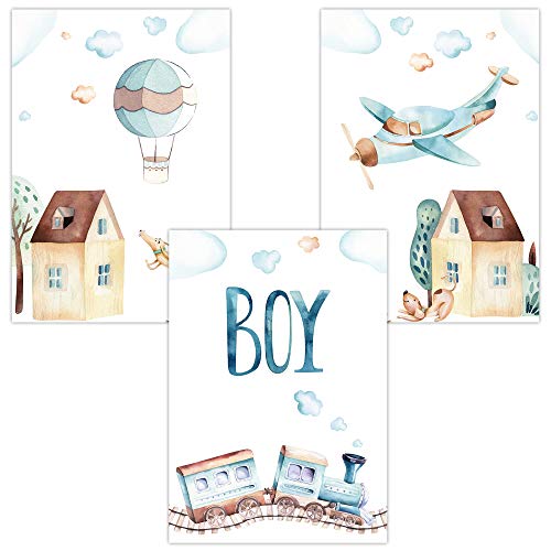 Olgs Kinderzimmer Bilder Poster 3er Set | Tiere Bilder Wandbilder Junge | Deko Wandposter für Babyzimmer DIN A4 Premium | Boy Heißluftballon Zug Flugzeug Wolken Olgs Kinderzimmer Bilder Poster 3er Set | Tiere Bilder Wandbilder Junge | Deko Wandposter für Babyzimmer DIN A4 Premium | Boy Heißluftballon Zug Flugzeug Wolken von Olgs