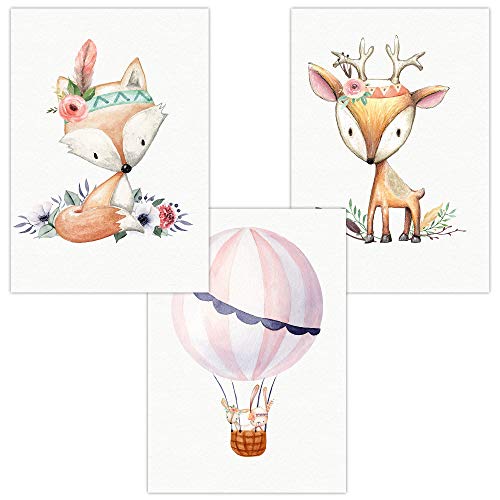 Olgs Kinderzimmer Bilder | Wandposter Deko Cute Boho Premium | Poster 3er Set Wandbilder DIN A4 | Design Tiere Fuchs, Reh, Heißluftballon, Blumen von Olgs