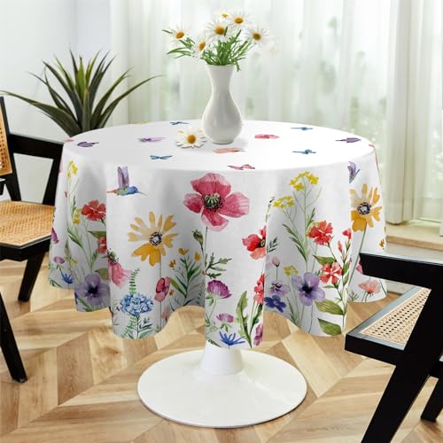 OliveSleep Runde Tischdecke, 152 cm, knitterfrei, waschbar, Polyester-Tischdecke für runde Tische, Zuhause, Esszimmer, Party, Blumen und Schmetterlinge, rund, abwischbar, 152 cm (Farbe 03) von OliveSleep