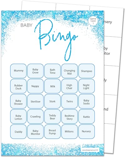 Olivia Samuel 16 Spieler Bingo Babyparty Spiel - Blau Glitzer Effekt Design (16 Gästekarten + 4 Blatt Anrufkarten für den Gastgeber + Gewinnerzertifikat) von Olivia Samuel