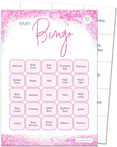 Olivia Samuel 16 Spieler Bingo Babyparty Spiel - Rosa Glitzer Effekt Design (16 Gästekarten + 4 Blatt Anrufkarten für den Gastgeber + Gewinnerzertifikat) von Olivia Samuel