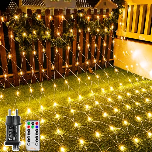 Ollny Lichternetz Außen 3x2m, 200 LED Lichterkette außen Netz warmweiß mit Fernbedienung Timer, IP67 wasserdicht Lichternetz Innen 8 Modi für Büsche Garten Zimmer Balkon von Ollny