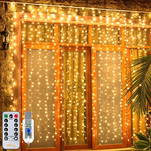 Ollny Lichtervorhang innen aussen, 3x3m 300 LED Lichterkette außen innen USB mit Fernbedienung Timer, dimmbar Lichterketten Vorhang für Fenster Weihnachten Schlafzimmer Wand(warmweiß) von Ollny
