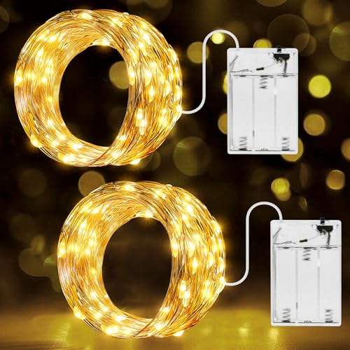 Ollny 2 Stück 10M LED Lichterkette Batterie, 100er LED Lichterkette innen Kupferdraht IP44 wasserdicht, Lichterketten für DIY Weihnachten Garten Party Hochzeit Deko (warmweiß) von Ollny