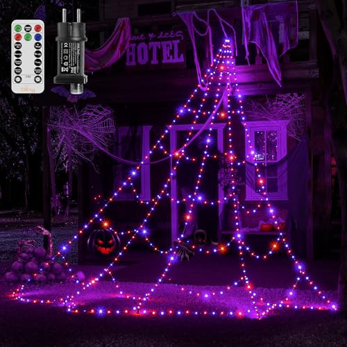 Ollny 266 LEDs Halloween Spinnennetz, 3M halloween lichterkette mit Timer 8 Modi, Dimmbar led Lichternetz, IP67 wasserdicht für halloween deko outdoor Haushof Garten Tür (Lila und Orange) von Ollny