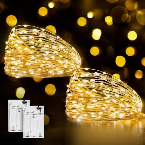 Ollny 2 stück 5M Lichterkette Batterie, 50er LED Lichterkette innen, kupferdraht Lichterkette IP44 wasserdicht für DIY Schlafzimmer Party Garten Weihnachten Hochzeit Deko (Warmweiß) von Ollny