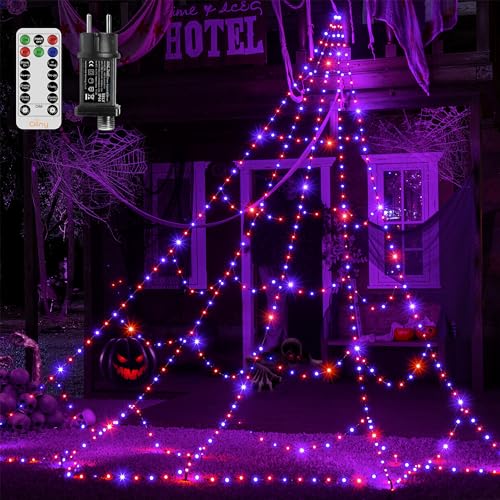 Ollny 455 LEDs Halloween Spinnennetz, 5M halloween lichterkette mit Timer 8 Modi, Dimmbar led Lichternetz, IP67 wasserdicht für halloween deko outdoor Haushof Garten Tür (Lila und Orange) von Ollny