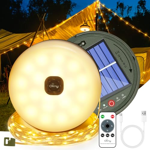 Ollny Camping Lichterkette 10M 100LED, Wasserdicht Tragbare Aufrollbare Lichterkette Außen mit 8 Beleuchtungsmodi,Solar USB Lichterkette für Camping Outdoor Balkon Garten (Mit Fernbedienung,USB-Kabe) von Ollny