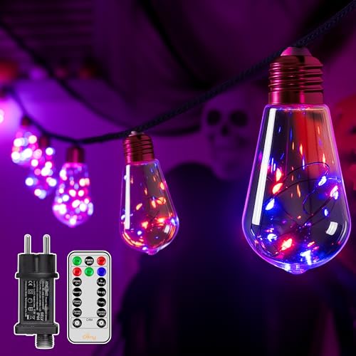 Ollny Halloween Lichterkette Deko Outdoor, mit 16 S17 Glühbirnen 8M Lichterkette Aussen, 8 Modi Timer Dimmbar für halloween deko innen und außen (Netzbetrieben, Orange und Lila) von Ollny