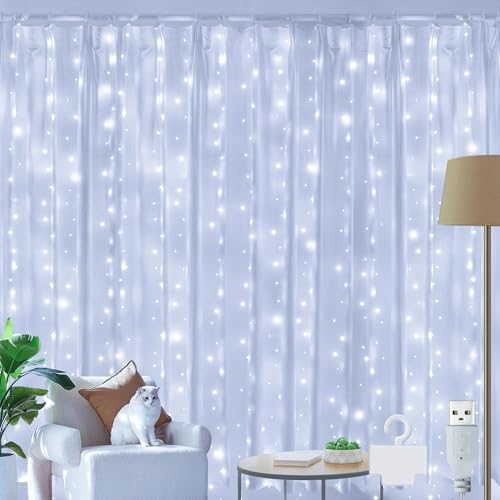 Ollny LED Lichtervorhang 2x2m, 200 LEDs Lichtervorhang innen USB kaltweiß, Lichterkette innen fenster mit 10 Haken, für außen und innen Deko Weihnachten Hochzeit Party Fenster Wand Balkon von Ollny