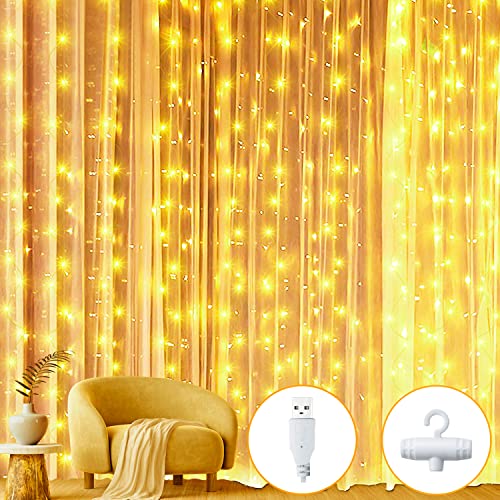 Ollny LED Lichtervorhang 2x2m, 200 LEDs Lichtervorhang innen USB warmweiß, Lichterkette innen fenster mit 10 Haken, für Hochzeit Party Wand Balkon von Ollny