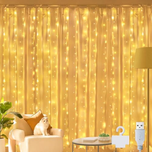 Ollny LED Lichtervorhang 2x2m, 200 LEDs Lichtervorhang innen USB warmweiß, Lichterkette innen fenster mit 10 Haken, für innen und außen Deko Hochzeit Party Fenster Wand Balkon von Ollny