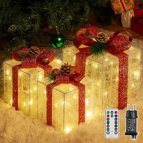 Ollny LED Weihnachtsdeko innen mit Timer, 3er Set Geschenke Leucht Boxen mit Rote Schleife, warm weiß mit 8 Modi und Dimmbar, Weihnachten Advent Deko Beleuchtung, Strombetrieben Ollny LED Weihnachtsdeko innen mit Timer, 3er Set Geschenke Leucht Boxen mit Rote Schleife, warm weiß mit 8 Modi und Dimmbar, Weihnachten Advent Deko Beleuchtung, Strombetrieben von Ollny